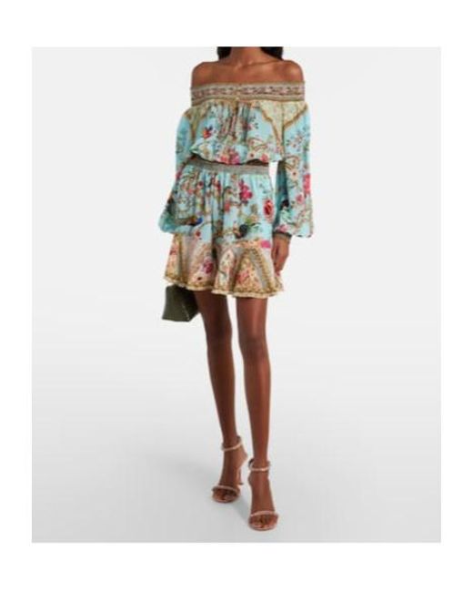 Camilla Blue Embellished Off-Shoulder Silk Crepe Mini Dress