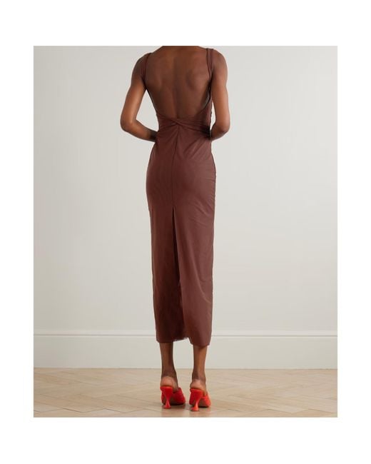 Sir Purple Jacques Open-Back Gathered Stretch-Mesh Midi Dress