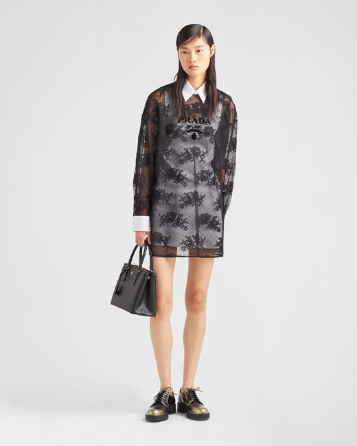 Prada Black Embroidered Lace And Poplin Mini-Dress