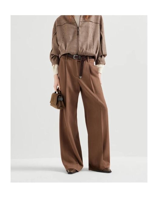 Brunello Cucinelli Brown Virgin Wool And Viscose Tricotine Loose Pleated Trousers With Monili
