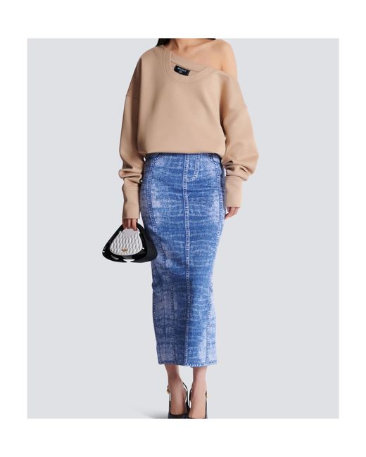 Balmain Natural Asymmetrical Jersey Off-The-Shoulder Sweatshirt