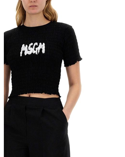 MSGM Black Logo-Printed Smocked Cropped Top