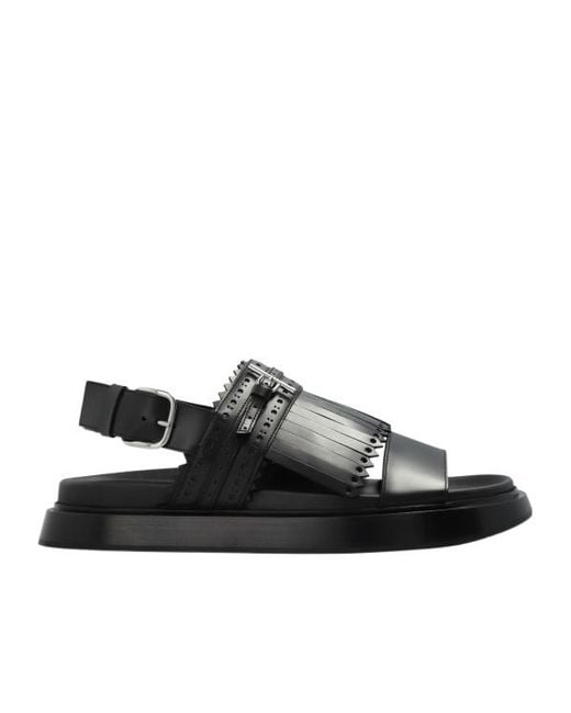 McQueen Black T-Bar Fringed-Detail Sandals