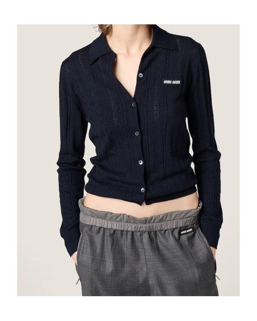 Miu Miu Blue Button-Up Knitted Polo Cardigan