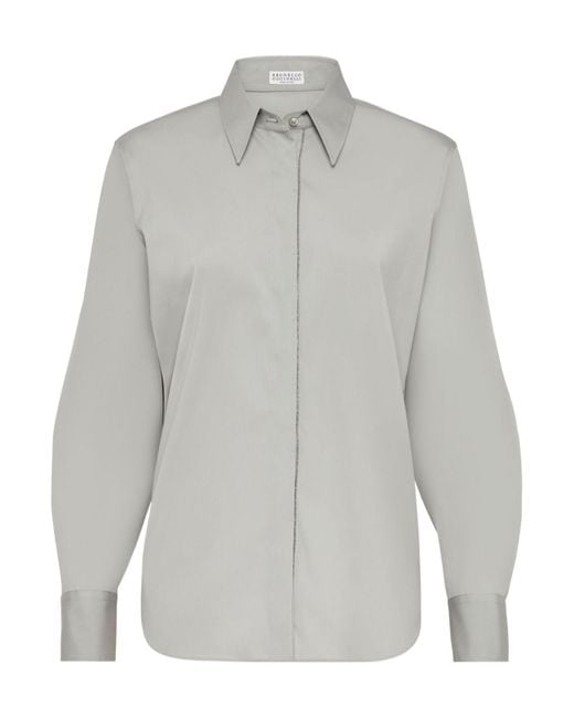 Brunello Cucinelli Gray Bead Embellished Trim Poplin Shirt