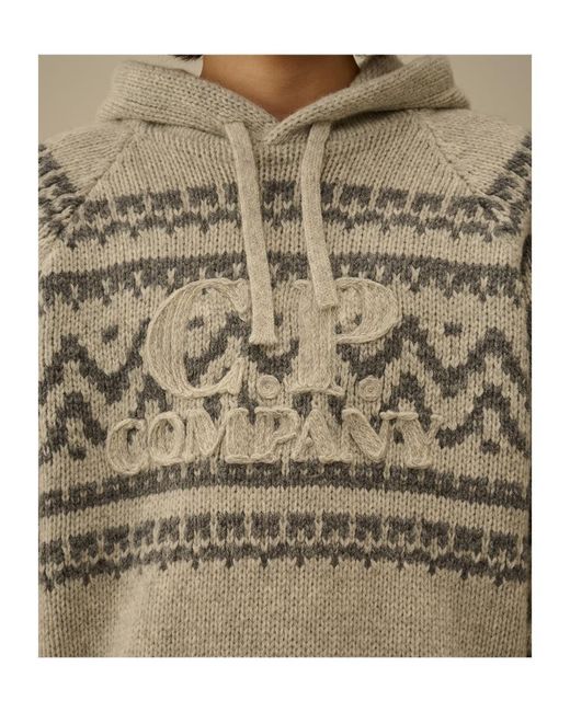 C P Company Gray Jacquard Wool Hooded Sweater for men
