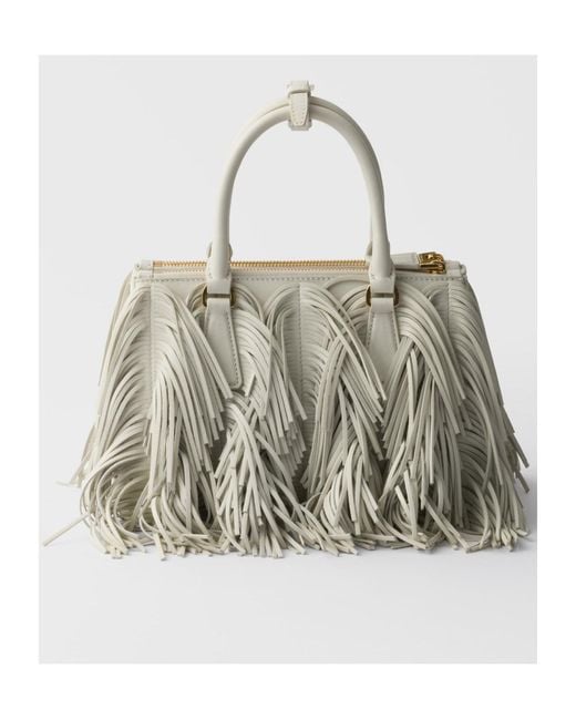 Prada Natural Galleria Small Leather Bag With Fringe