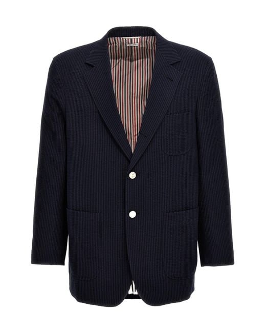 Thom Browne Blue Single Breasted Seersucker Blazer for men