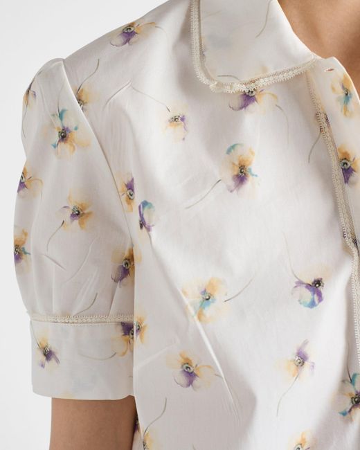 Prada White Floral Print Poplin Mini-Dress