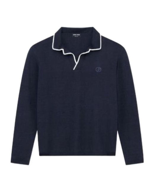 Giorgio Armani Blue Logo Embroidered Knitted Polo Shirt for men