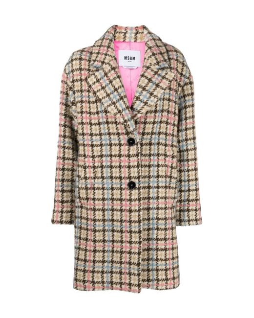 MSGM White Houndstooth-Pattern Long Sleeved Buttoned Coat