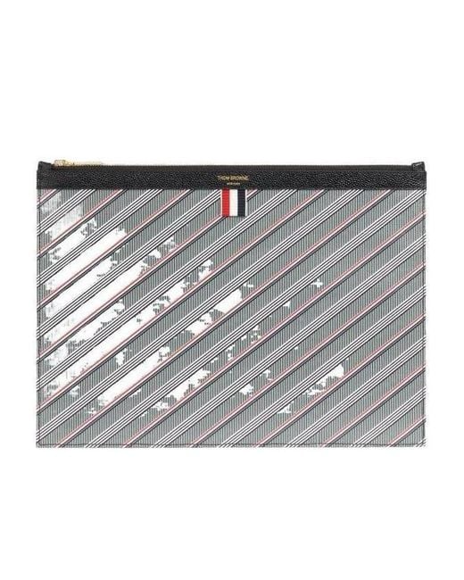 Thom Browne Gray Striped Zip Document Clutch Bag for men