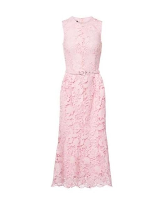 Monique Lhuillier Pink Floral Belted Lace Midi Dress