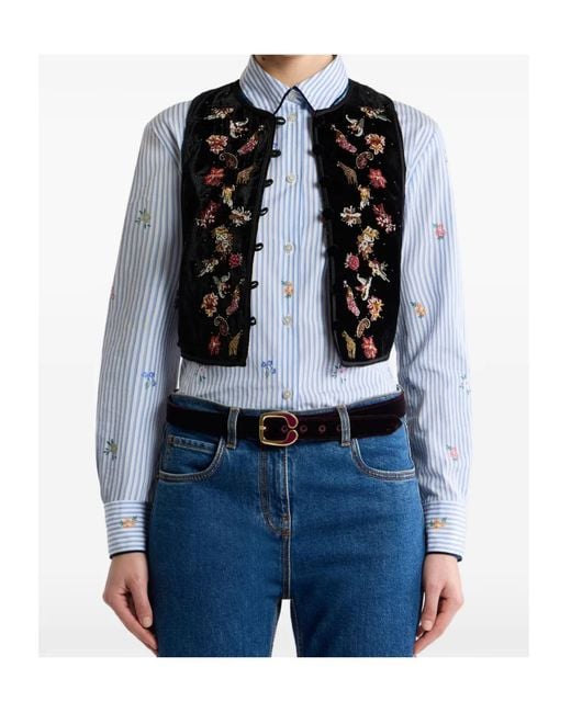Etro Black Cropped Velvet Waistcoat With Embroidery And Beads