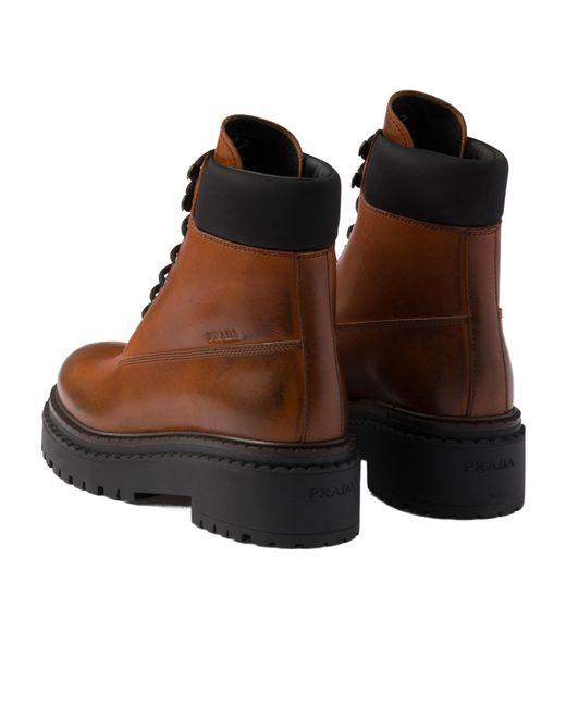 Prada Brown Logo-Debossed Lace-Up Ankle Boots