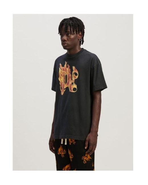 Palm Angels Black Burning Monogram T-Shirt for men