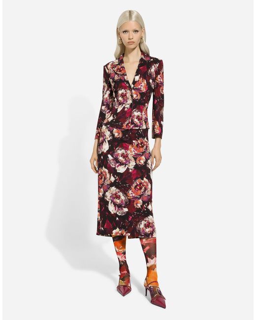 Dolce & Gabbana Red Floral Printed Slim-Fit Blazer