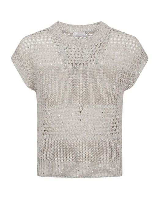 Peserico Gray Open-Knit Sequined Knitted Sweater