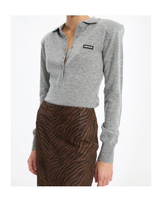 ROTATE BIRGER CHRISTENSEN Gray Ribbed Logo Polo Knitted Top