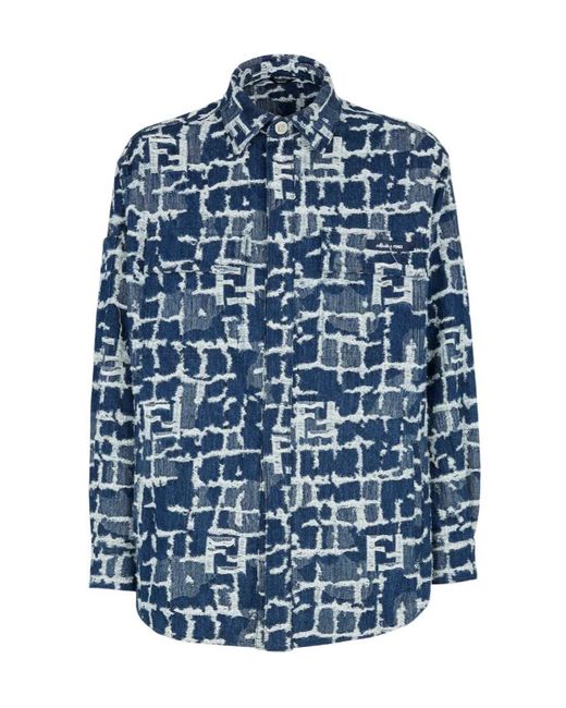 Fendi Blue Logo Detailed Distressed Denim Jacket for men