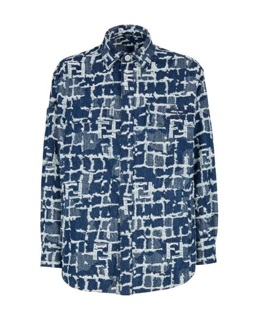 Fendi Blue Logo Detailed Distressed Denim Jacket for men