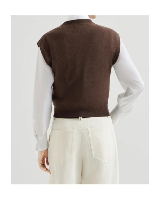 Brunello Cucinelli Brown Cashmere Knit T-Shirt With Monili