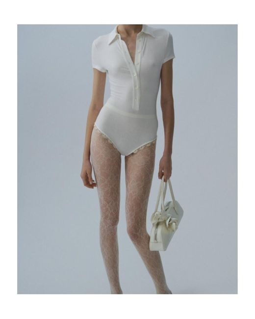 Magda Butrym White Lace-Detail Polo Bodysuit