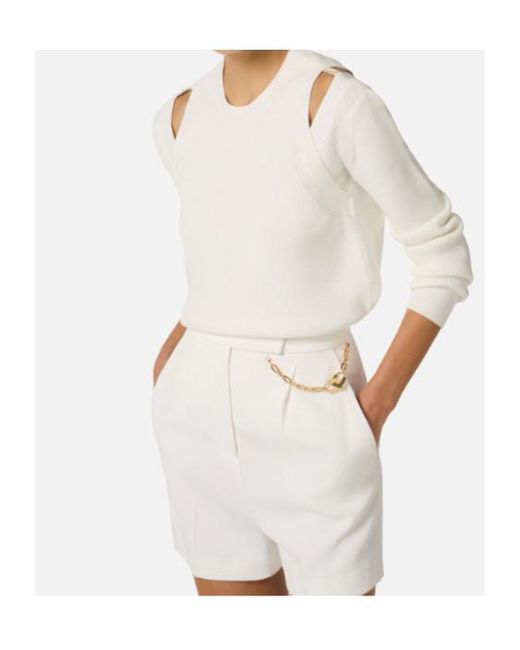Elisabetta Franchi White Cut-Out Shoulder-Plaque Sweater