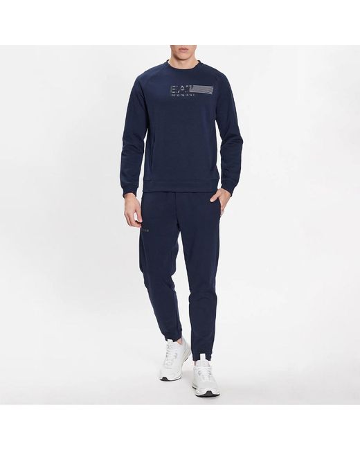 EA7 Blue Logo Printed Round Neck Sweater for men