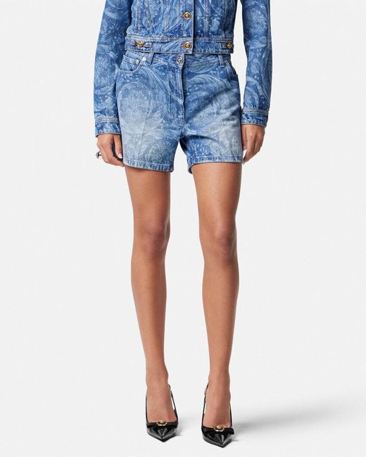 Versace Blue Logo-Patch Denim Shorts
