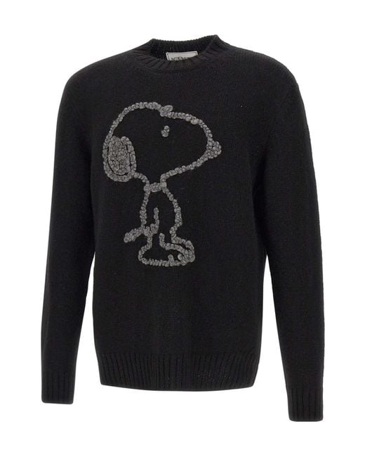 Iceberg Black Snoopy-Embroidered Crew-Neck Sweater for men