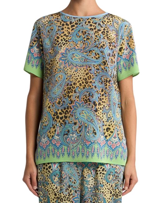 Etro Blue Paisley Animal-Motif Silk Top