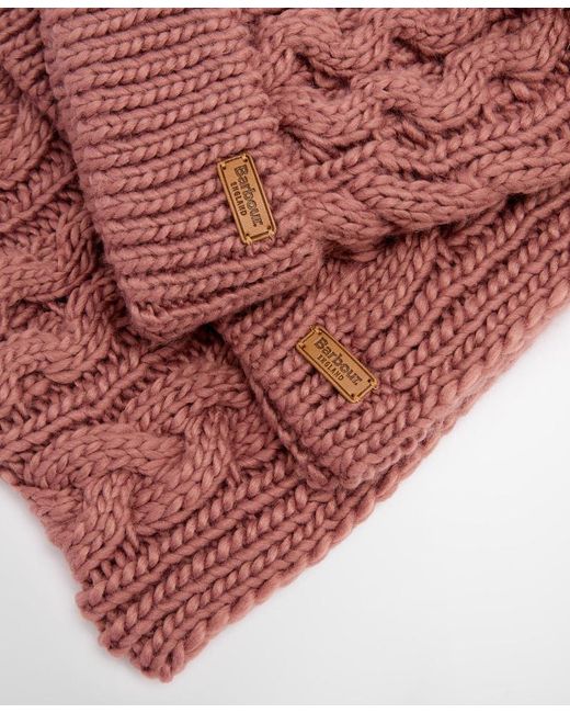 Barbour Red Logo Patch Ribbed Scarf And Beanie Set
