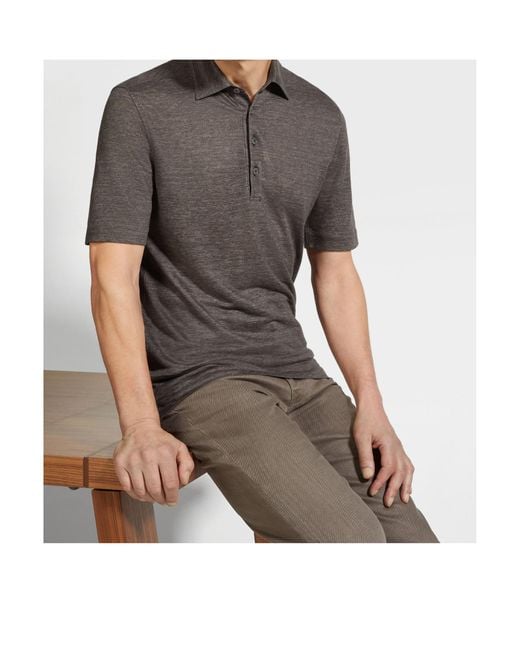 Zegna Gray Oasi Lino Short-Sleeved Polo Shirt for men