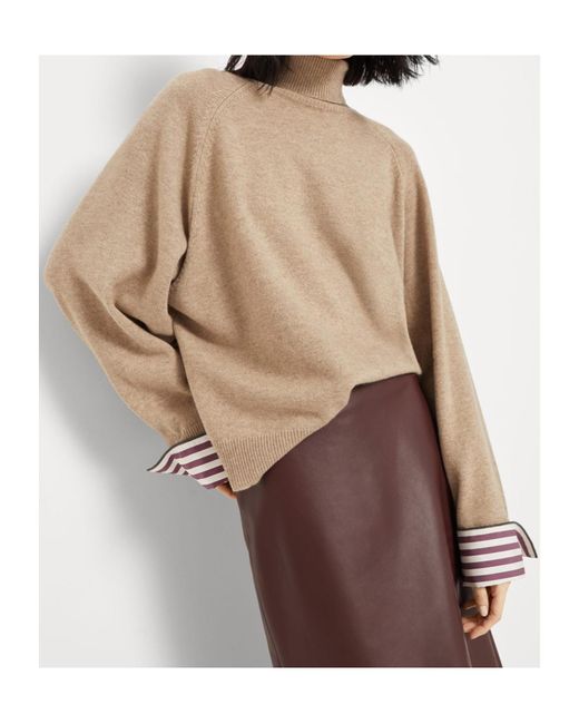Brunello Cucinelli Natural Roll Neck Stripe Detailed Sweater