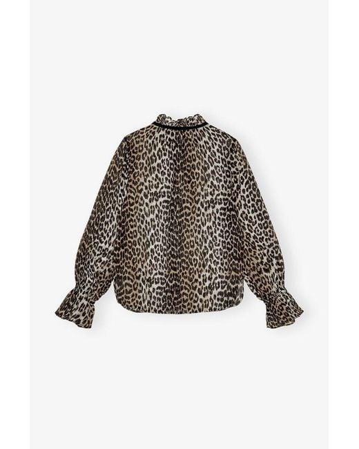 Ganni Gray Leopard Printed Chiffon Tie String Shirt