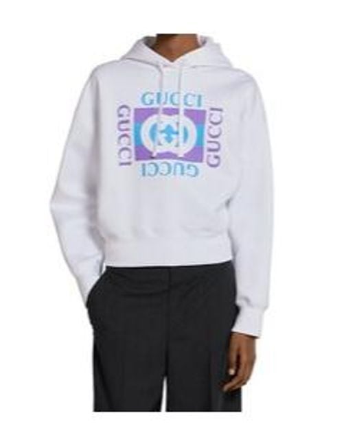 Gucci White Logo Printed Drawstring Hoodie