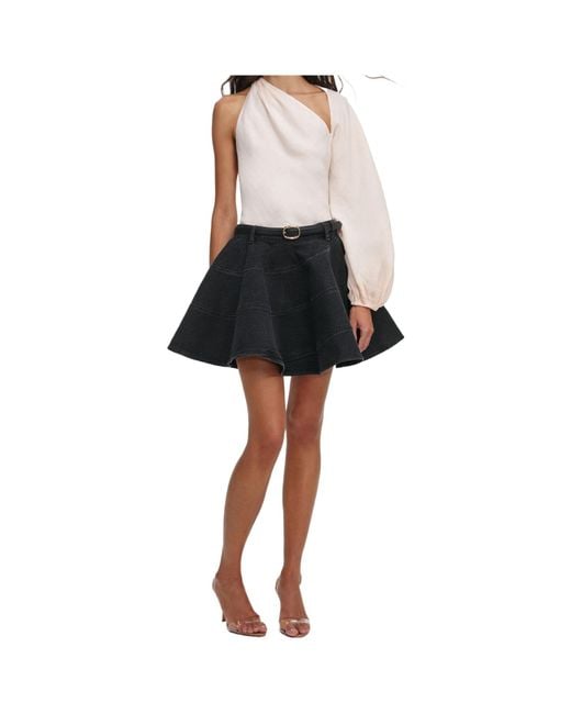 Self-Portrait Black Asymmetric Neck Draped-Sleeve Top