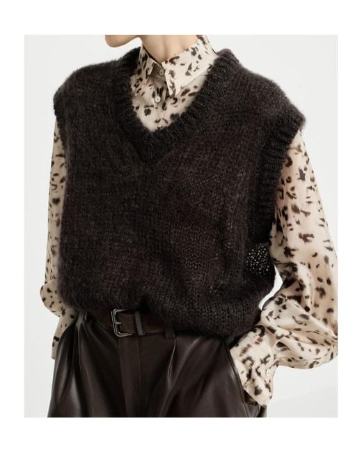 Brunello Cucinelli Black Sparkling Mohair Sweater Vest With Monili