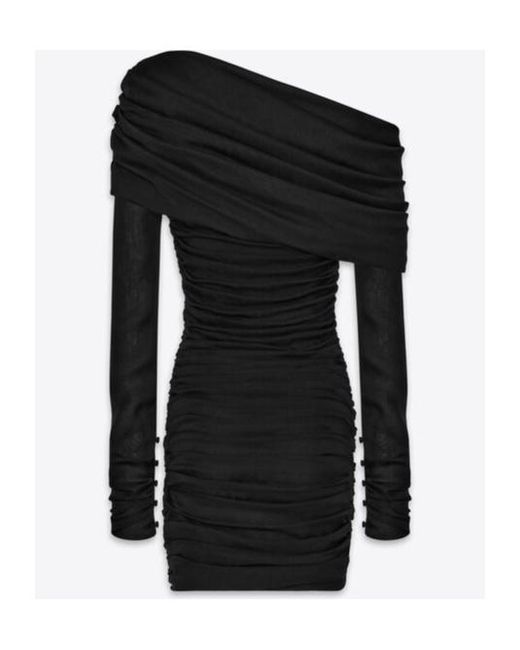 Saint Laurent Black Ruched One-Shoulder Dress