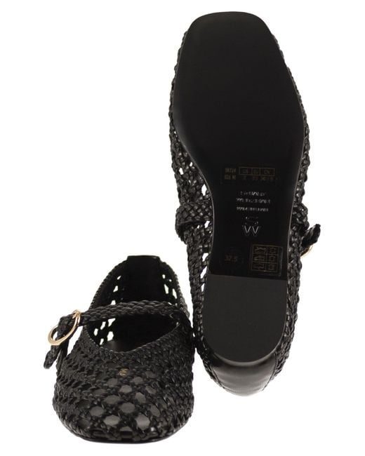 Stuart Weitzman Black Woven Nappa Leather Flats With Strap