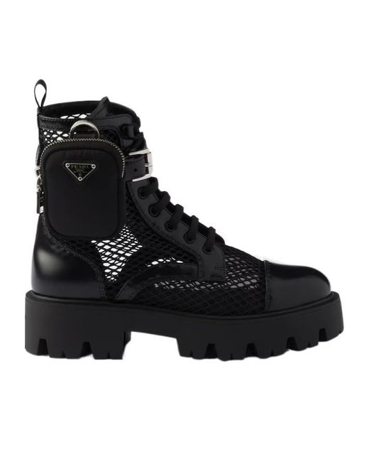 Prada Black Mesh Fabric And Brushed Leather Booties With Pouch