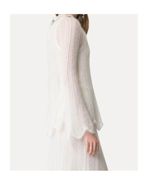 Forte_forte White Scalloped Hem Open-Knitted Jumper