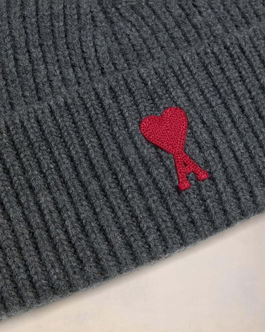 AMI Gray Logo Patch Knitted Beanie