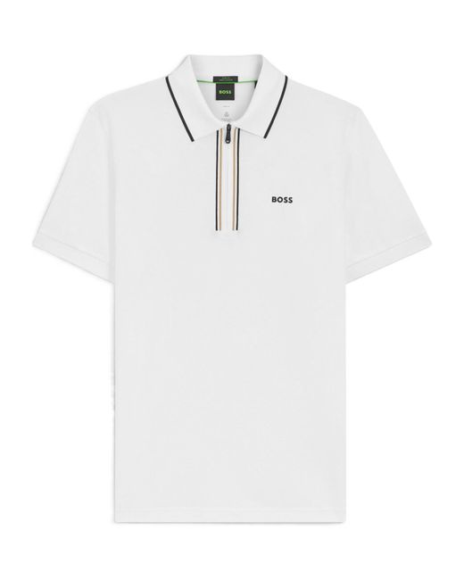 Boss White Slimfit Zipup Polo Shirt for men