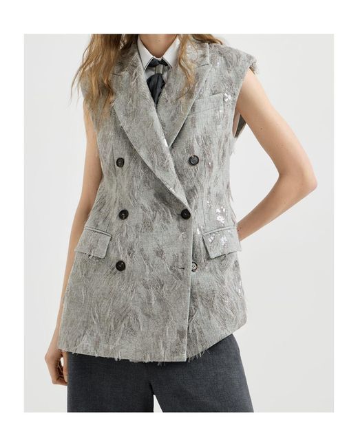 Brunello Cucinelli Gray Virgin Wool And Cashmere Twill Flannel Vest With Dazzling Lynx Embroidery