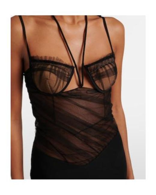 Nensi Dojaka Black Asymmetric Draped Sheer Maxi Dress