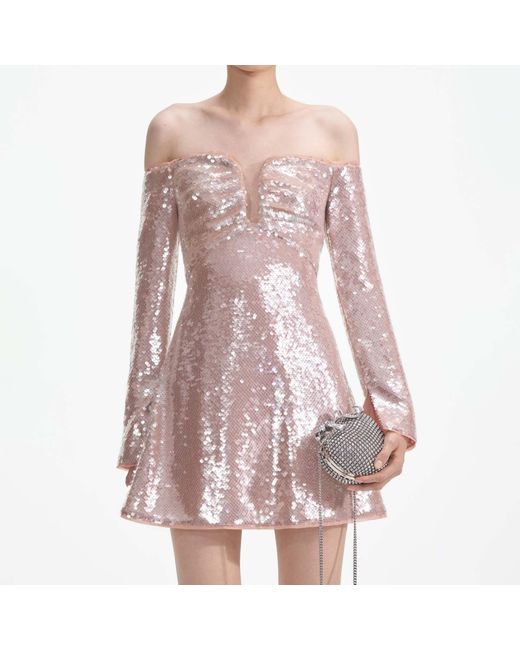 Self-Portrait Pink Sequin Off-Shoulder Mini Dress
