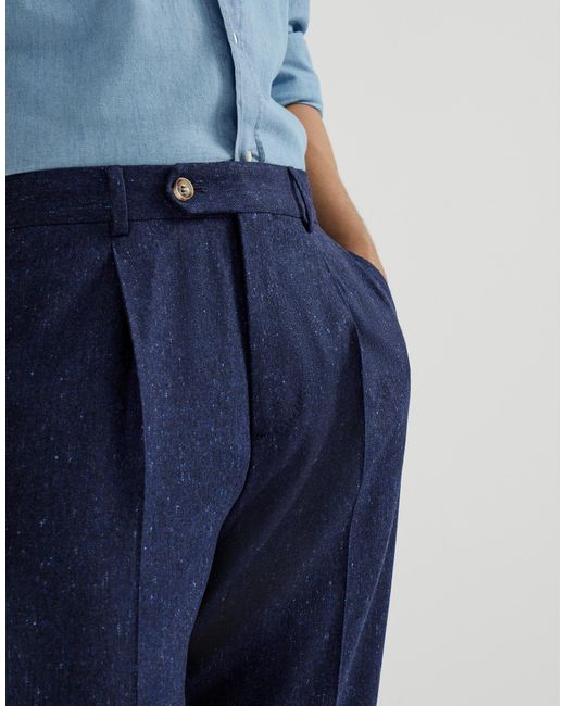 Brunello Cucinelli Blue Pleated-Front Speckled-Pattern Trousers for men