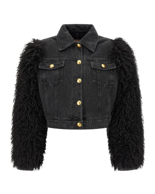Twinset Black Denim Jacket With Shearling Sleeve Trim
